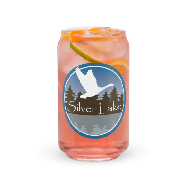 can shaped glass 16 oz 16 oz front with the logo for 'The History of Silver Lake' book by authors Scott Webb and Kathleen Webb: A circular design depicting Canada Geese flying over Silver Lake.