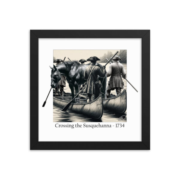 enhanced matte paper framed poster in black 10x10 with image depicting Ellis Lewis crossing the Susquehanna River in 1734. A hobbled and blindfolded horse stands astride two canoes, guided by four Quakers paddling as found in ‘The History of Silver Lake” on the historyofsilverlake.com website.