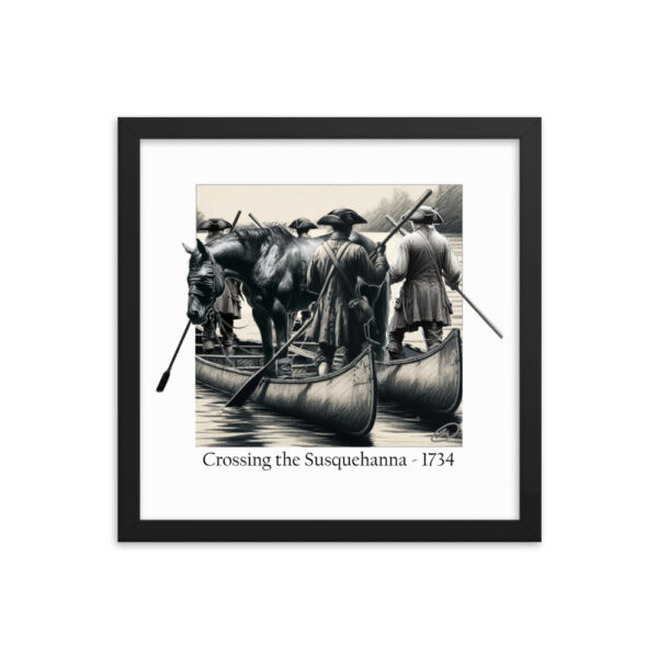 enhanced matte paper framed poster in black 14x14 with image depicting Ellis Lewis crossing the Susquehanna River in 1734. A hobbled and blindfolded horse stands astride two canoes, guided by four Quakers paddling as found in ‘The History of Silver Lake” on the historyofsilverlake.com website.