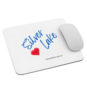 mouse pad white front with image of 'Love Silver Lake' in Lewisberry, Pennsylvania, reminiscent of cursive writing, representing the historical deeds researched for 'The History of Silver Lake' book on the historyofsilverlake.com website.