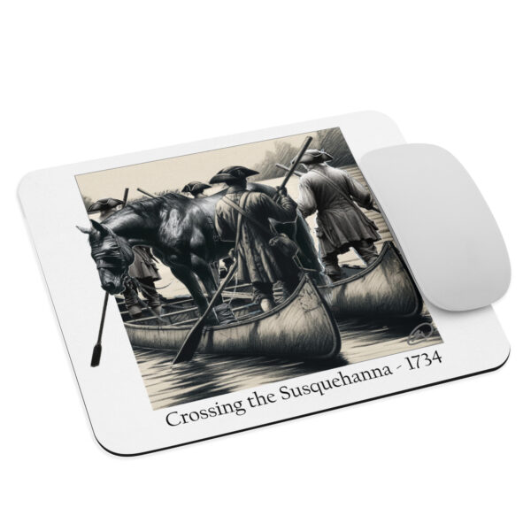 mouse pad white front with image depicting Ellis Lewis crossing the Susquehanna River in 1734. A hobbled and blindfolded horse stands astride two canoes, guided by four Quakers paddling as found in ‘The History of Silver Lake” on the historyofsilverlake.com website.