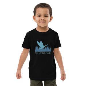 organic cotton kids t shirt black front with a stylized teal blue logo for 'History of Silver Lake' book: A single goose flying over Silver Lake with trees in the background.