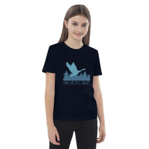 organic cotton kids t shirt french navy front 2 with a stylized teal blue logo for 'History of Silver Lake' book: A single goose flying over Silver Lake with trees in the background.