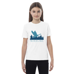 organic cotton kids t shirt white front with a stylized teal blue logo for 'History of Silver Lake' book: A single goose flying over Silver Lake with trees in the background.