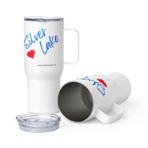 travel mug with a handle white 25 oz front with image of 'Love Silver Lake' in Lewisberry, Pennsylvania, reminiscent of cursive writing, representing the historical deeds researched for 'The History of Silver Lake' book on the historyofsilverlake.com website.