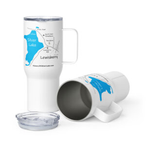 travel mug with a handle white 25 oz front with image of a map showing Silver Lake Lewisberry, South Point Schoolhouse, the one-room schoolhouse in York Pennsylvania, Jacob and Christina Kaufmann Mansion, Lewisberry Mill, and the pine grove where Barbara found solace.