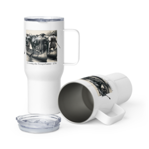 travel mug with a handle white 25 oz front with image depicting Ellis Lewis crossing the Susquehanna River in 1734. A hobbled and blindfolded horse stands astride two canoes, guided by four Quakers paddling as found in ‘The History of Silver Lake” on the historyofsilverlake.com website.