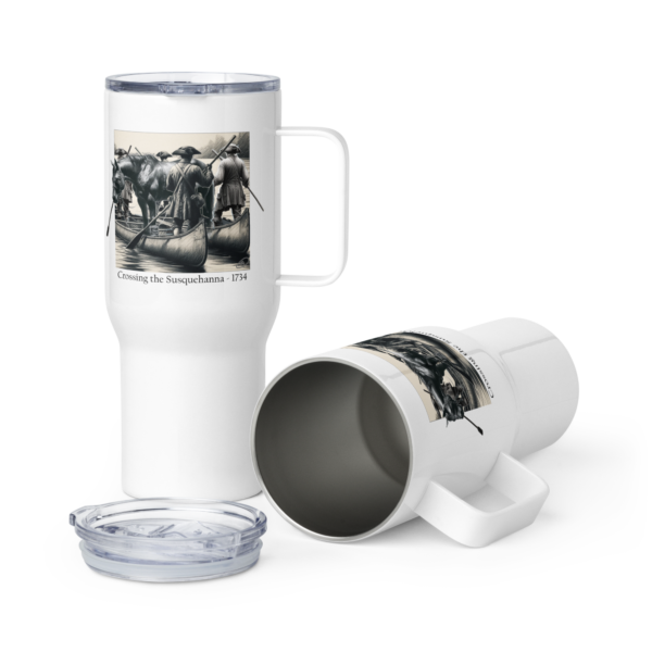 travel mug with a handle white 25 oz front with image depicting Ellis Lewis crossing the Susquehanna River in 1734. A hobbled and blindfolded horse stands astride two canoes, guided by four Quakers paddling as found in ‘The History of Silver Lake” on the historyofsilverlake.com website.