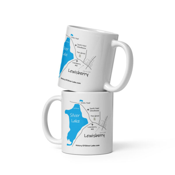 white glossy mug white 11 oz front view with image of a map showing Silver Lake Lewisberry, South Point Schoolhouse, the one-room schoolhouse in York Pennsylvania, Jacob and Christina Kaufmann Mansion, Lewisberry Mill, and the pine grove where Barbara found solace.