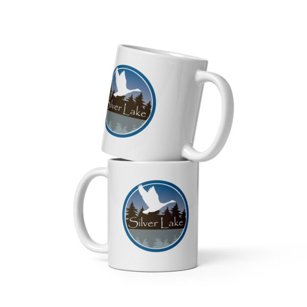 white glossy mug white 11 oz front view with the logo for 'The History of Silver Lake' book by authors Scott Webb and Kathleen Webb: A circular design depicting Canada Geese flying over Silver Lake.