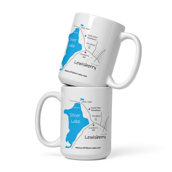 white glossy mug white 15 oz front view with image of a map showing Silver Lake Lewisberry, South Point Schoolhouse, the one-room schoolhouse in York Pennsylvania, Jacob and Christina Kaufmann Mansion, Lewisberry Mill, and the pine grove where Barbara found solace.