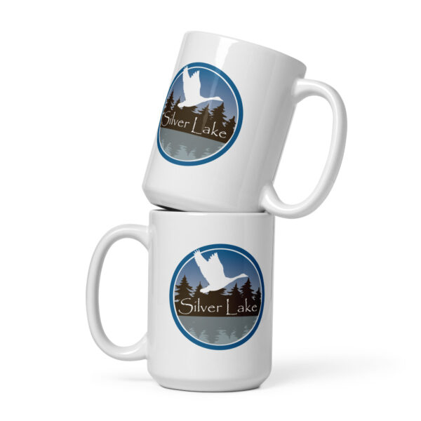 white glossy mug white 15 oz front view with the logo for 'The History of Silver Lake' book by authors Scott Webb and Kathleen Webb: A circular design depicting Canada Geese flying over Silver Lake.