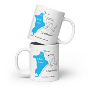 white glossy mug white 20 oz front view with image of a map showing Silver Lake Lewisberry, South Point Schoolhouse, the one-room schoolhouse in York Pennsylvania, Jacob and Christina Kaufmann Mansion, Lewisberry Mill, and the pine grove where Barbara found solace.