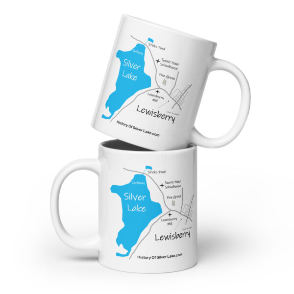 white glossy mug white 20 oz front view with image of a map showing Silver Lake Lewisberry, South Point Schoolhouse, the one-room schoolhouse in York Pennsylvania, Jacob and Christina Kaufmann Mansion, Lewisberry Mill, and the pine grove where Barbara found solace.