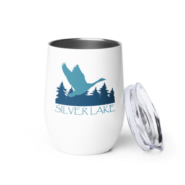 wine tumbler white front with a stylized teal blue logo for 'History of Silver Lake' book: A single goose flying over Silver Lake with trees in the background.