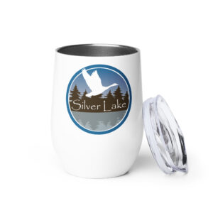 wine tumbler white front with the logo for 'The History of Silver Lake' book by authors Scott Webb and Kathleen Webb: A circular design depicting Canada Geese flying over Silver Lake.