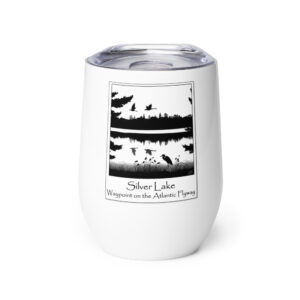 wine tumbler white front with an image of Silver Lake featuring a blue heron in the foreground and Canada Geese in flight overhead, highlighting Silver Lake as a waypoint on the American Atlantic Flyway from historyofsilverlake.com website.