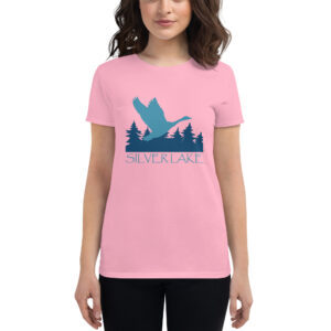 womens fashion fit t shirt charity pink front with a stylized teal blue logo for 'History of Silver Lake' book: A single goose flying over Silver Lake with trees in the background.